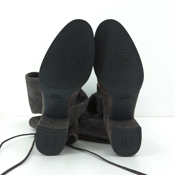 Stuart Weitzman Women 10 Tieland Boots Gray Suede OTK Almond Toe Block Heel Tie - Picture 8 of 9